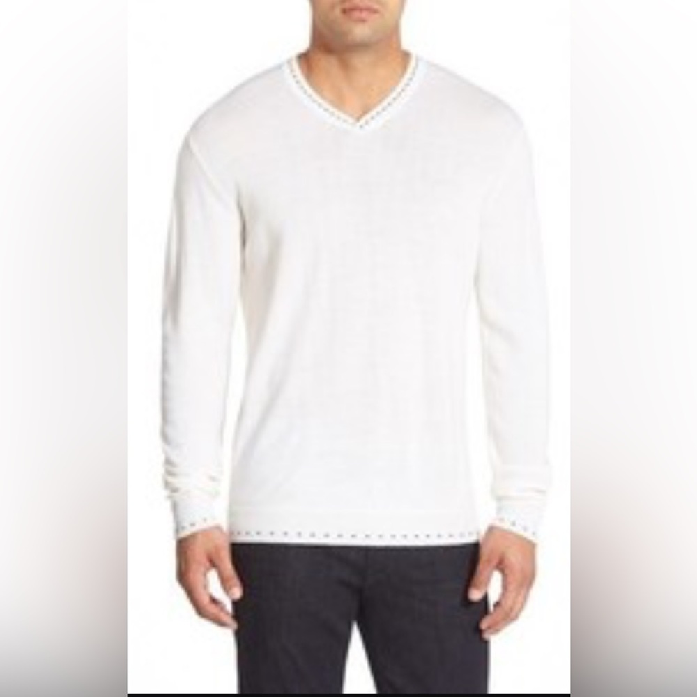 EUC Robert Graham Newcastle 100% wool V neck cream lg sleeve sweater navy detail